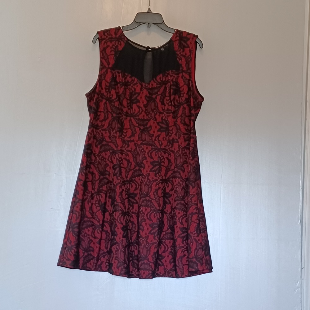 Free 2 Luv Red Black Lace Skater Dress Plus Size 2X Mesh Neckline 10L5FS9754